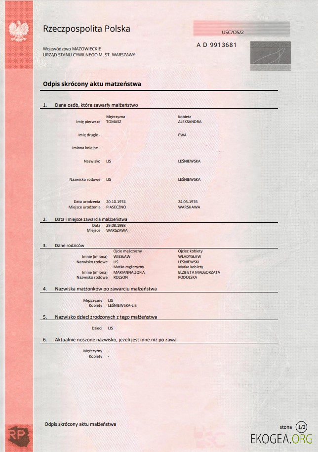 Modèle d'acte de mariage en Pologne au format Word et PDF, rose
